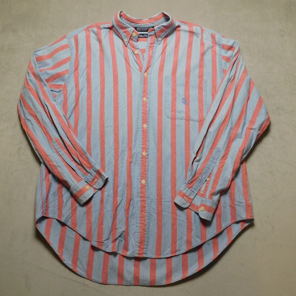 Nautica Men's Long Sleeve Dress Shirt‎ XL Blue Coral Thick Striped 100% Cotton